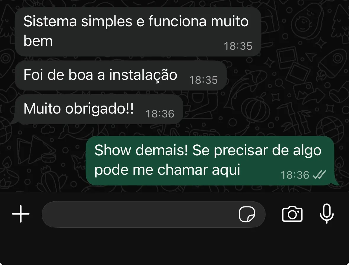 Cliente confirmando que a instalação foi simples e agradecendo