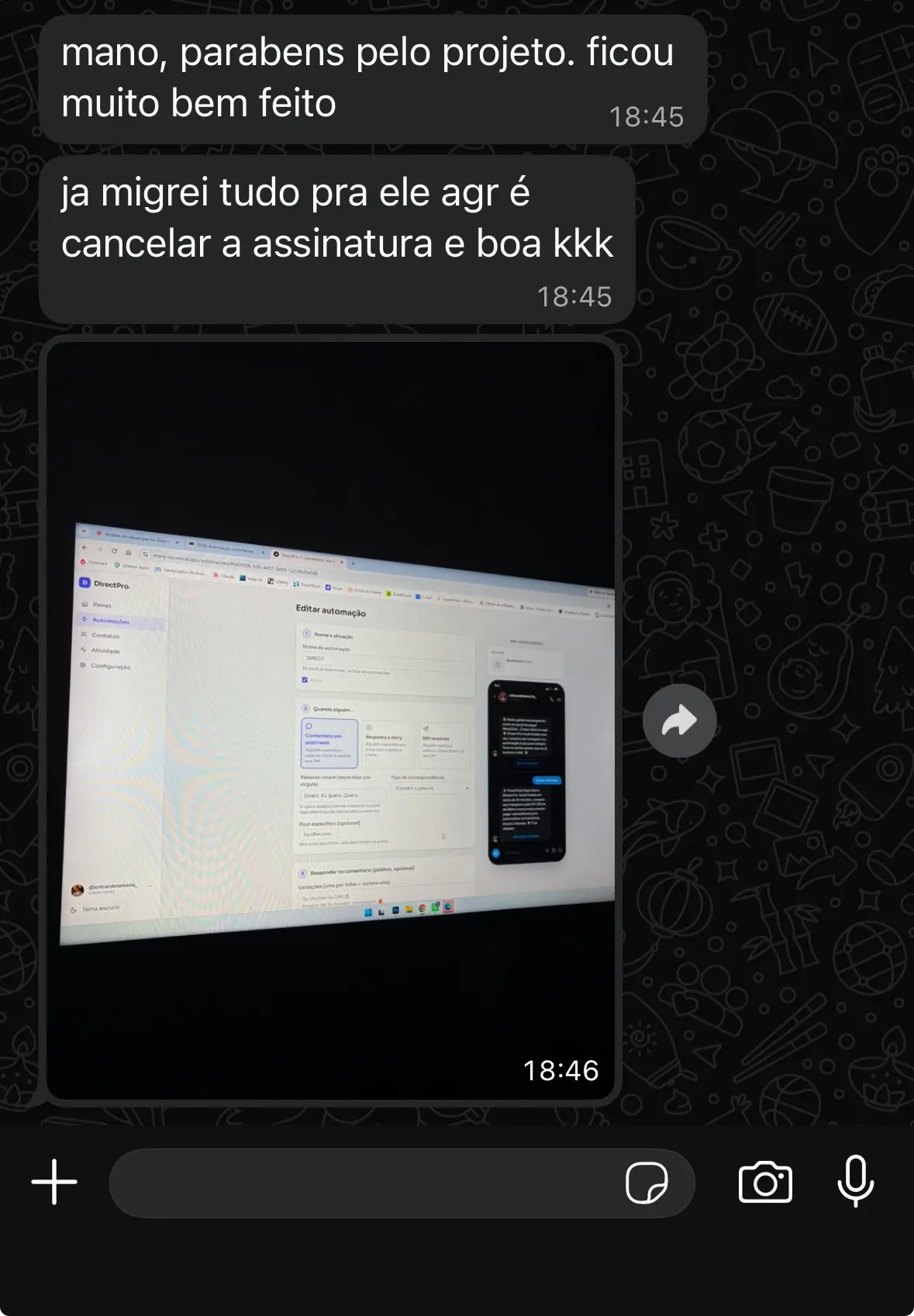 Cliente elogiando o projeto e cancelando ManyChat após migrar para DirectPro